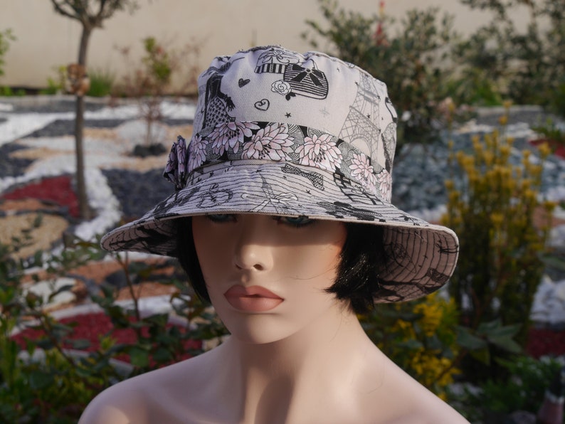 Chapeau bob, chapeau femme, chapeau cloche, chapeau été, Chapeau capeline très chic fond gris clair et des dessins noir et blanc RITA 2 image 10