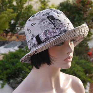 Chapeau bob, chapeau femme, chapeau cloche, chapeau été, Chapeau capeline très chic fond gris clair et des dessins noir et blanc RITA 2 image 4