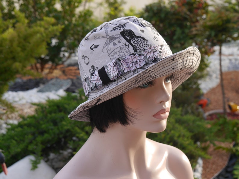 Chapeau bob, chapeau femme, chapeau cloche, chapeau été, Chapeau capeline très chic fond gris clair et des dessins noir et blanc RITA 2 image 4