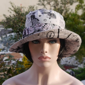 Chapeau bob, chapeau femme, chapeau cloche, chapeau été, Chapeau capeline très chic fond gris clair et des dessins noir et blanc RITA 2 image 5