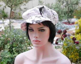 Gorra Newsboy fondo gris con diseños femeninos en negro, rosa y blanco Samantha 2