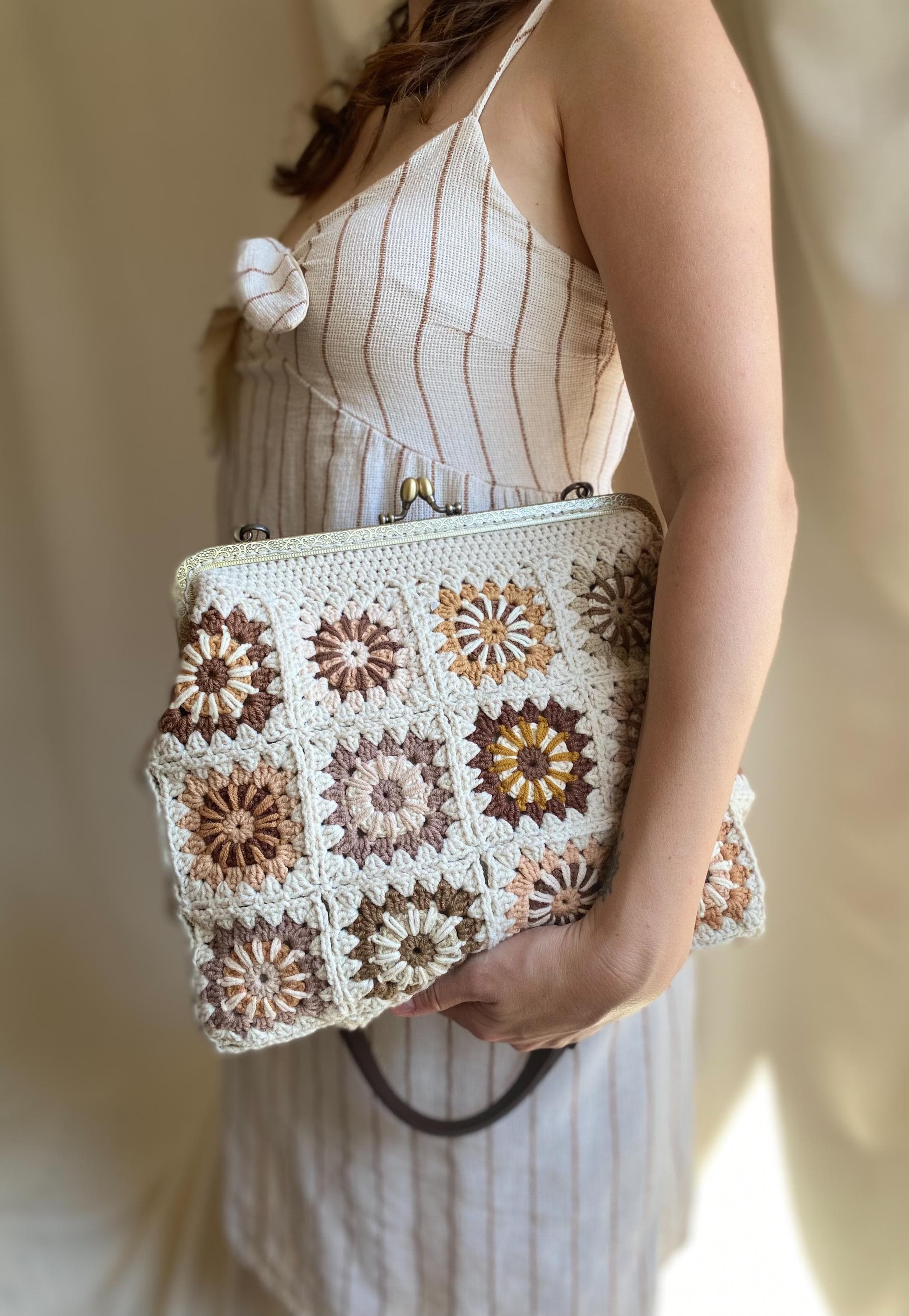 Sac Bandoulière Fait Main Marron - Style Bohème Années 70, Anneau Crochet, Coton Tressé