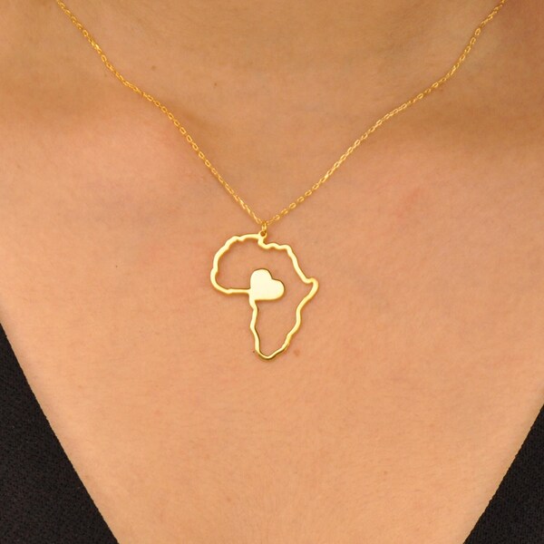 14K Gold Africa Necklace, Dainty African Necklace, Tiny Gold Africa Pendant, Africa Map Necklace, Gift Africa Necklace with Heart