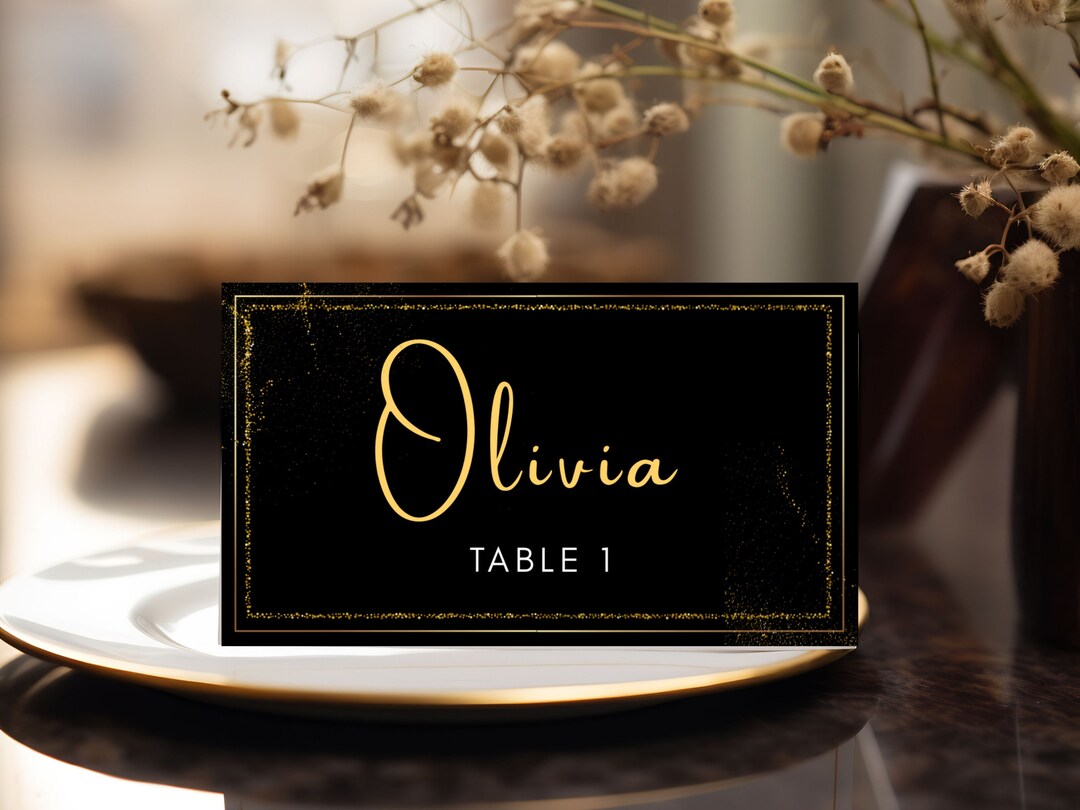 BLACK Place Card Template With Luxury Black and Gold Foil - Etsy
