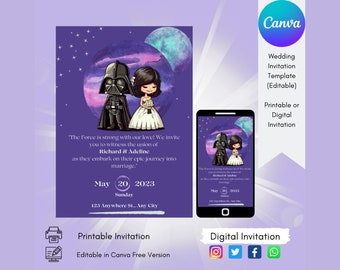 Star Wars Wedding Invitation, Darth Vader Digital Invitation Card, Printable Wedding Invitation, Canva Editable Templates, Mobile Download
