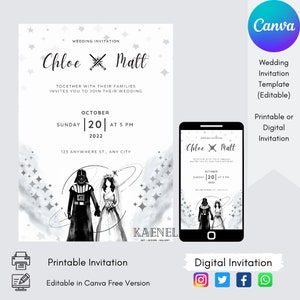 Star Wars Hochzeitseinladung, Darth Vader Digitale Einladungskarte, druckbare Hochzeitseinladung, Canva Bearbeitbare Vorlagen, mobiler Download