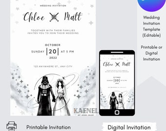 Può includere: Un modello di invito di nozze con un'illustrazione in bianco e nero di Darth Vader e la Principessa Leia di Star Wars. Il testo recita "Chloe & Matt" e "Ottobre 20, 2022 alle 17:00".