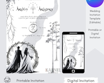 Invito del Signore degli Anelli Invito a nozze LOTR Biglietto d'invito per Arwen e Aragorn Invito a nozze stampabile, modello modificabile Canva