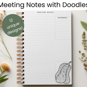 May include: A white spiral bound notebook with the text "Meeting Notes with Doodles" at the top. The notebook has lined pages and a section for "Key Takeaways". There is a doodle of a gourd with intricate patterns on the bottom right corner of the page. A green circle with the text "12 unique designs!" is in the top left corner of the image.