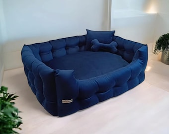 Handmade Velour Pet Bed: Modern Dog Bed with Bone Toy