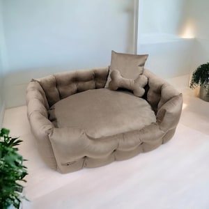 Handmade Velour Pet Bed: Cozy Dog Sofa with Bone Pillow