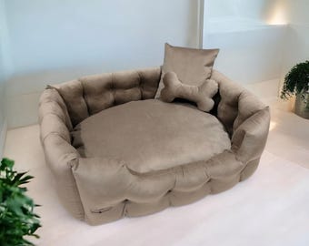 Handmade Velour Pet Bed: Cozy Dog Sofa with Bone Pillow