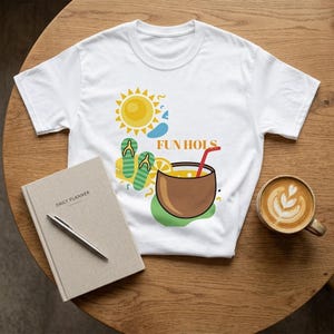 May include: A white short-sleeved t-shirt featuring a graphic print of a yellow sun, green flip-flops, a lemon slice, and a brown coconut drink with a red straw. The text "FUN HOLS" is printed in orange above the coconut illustration.