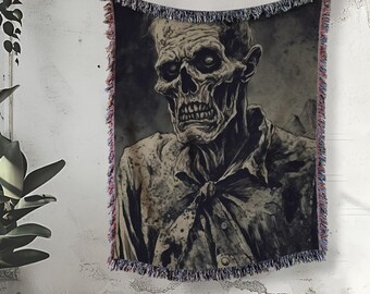 Gothic Black and White Woven Zombie Blanket, Grunge Zombie Tapestry, Undead Horror Throw, Vintage Zombie Skull Tapestry, Horror Decor