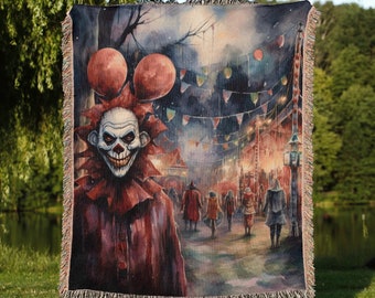 Creepy Clown Woven Throw Blanket: Scary Clown Halloween Decor, Vintage Creepy Clown Fall Autumn Home Decor, Creepy Clown Aesthetic