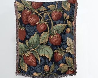Vintage Strawberries Blanket: Woven Fruit Couch Throw, Gift For Strawberry Lover, Fruit Home Decor, Strawberry Fields Tapestry,