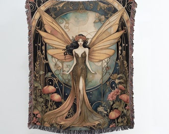 Fairy Woven Throw Blanket, Art Nouveau Fairy Wall Tapestry, Fairy Fantasy Blanket, Fairycore Cottagecore Decor, Pixie Illustration Blanket