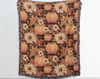 Fall Throw Blanket, Cozy Fall Decor, Woven Cotton Plaid Pumpkin Throw Blanket, Fall Housewarming Gift, Cozy Fall Gift, Floral Autumn Throw