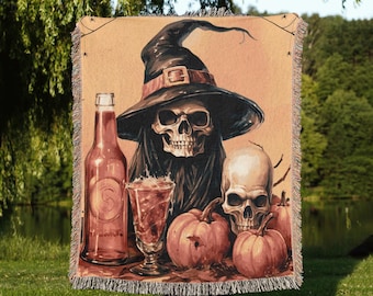 Skull Woven Blanket Decor, Witchy Skull Woven Tapestry, Apothecary Halloween Couch Throw, Skull and Pumkin Cotton Blanket, Creepy Decor