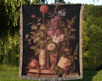 Dark Botanical Woven Throw Blanket, Gothic Floral Wall Tapestry, Vintage Cozy Couch Throw, Moody Wildflower Bedspread, Cottagecore Decor