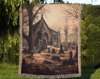 Creepy Halloween Woven Blanket, Gothic Home Decor, Dark Graveyard Woven Wall Tapestry, Spooky Tombstone Home Decor, Living Dead Decor