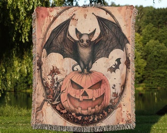 Bat Tapestry Woven Throw Blanket, Bat Halloween Decor, Gothic Art Woven Tapestry, Bat Woven Wall Hanging, Bat and Jack O Lantern Throw