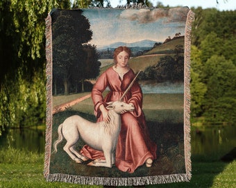 Vintage Fine Art Woven Blanket, A Virgin and a Unicorn Tapestry, Vintage Unicorn Couch Throw, Vintage Fine Art Gift, Medieval Fine Art Throw