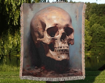 Woven Skull Blanket: Halloween Skull Woven Throw, Spooky Goth Skull Decor, Horror Decor Skull Tapestry, Occult Decor Skull Couch Throw