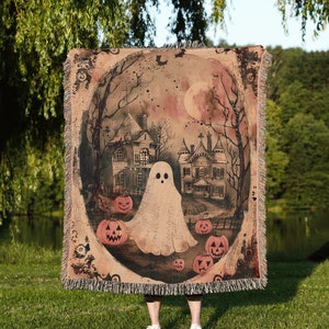 Ethereal Ghost Woven Throw Blanket, Made In The USA, Spooky Halloween Couch Throw, Autumn Ghost Tapestry, Cozy Halloween Spooky Blanket