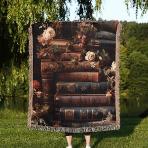Reading Nook Woven Blanket, Gothic Home Decor, Dark Academia Book Lovers Throw,  Witchy Book Lover Gift, Vintage Moody Floral Book Blanket
