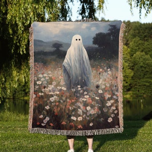Ghost Woven Throw Blanket, Ethereal Ghost in Flower Field Woven Couch Throw, Unique Ghost Tapestry, Cottagecore Blanket, Whimsigoth Decor