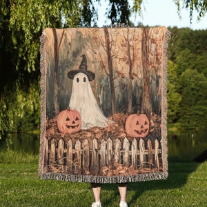 Creepy Ghost Woven Throw Blanket: Halloween Couch Throw, Jack O Lantern Tapestry, Halloween Blanket Decor, Cozy Halloween Fall Autumn Decor