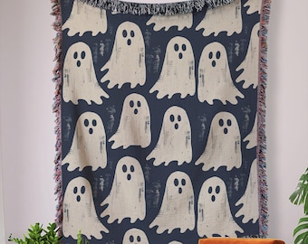 Ghost Throw Blanket Halloween Decor, Ghost Woven Couch Throw, Spooky Season Gift, Cute Black and White Ghost Tapestry, Cozy Halloween Throw