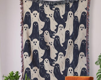 Ghost Throw Blanket Halloween Decor, Ghost Woven Couch Throw, Spooky Season Gift, Cute Black and White Ghost Tapestry, Cozy Halloween Throw