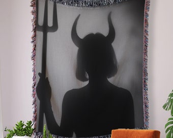 Satanic Female Devil Woven Throw Blanket, Demonic Occult Woven Throw Blanket, Gothic Home Decor Witchcraft Art, Satan Woven Blanket