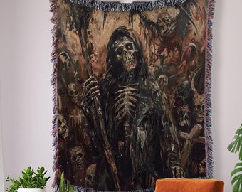 Skull Decor Woven Blanket: Horror Decor, Vintage Skull Blanket, Grim Reaper Tapestry, Occult Decor, Zombie Home Decor, Horror Lover Gift