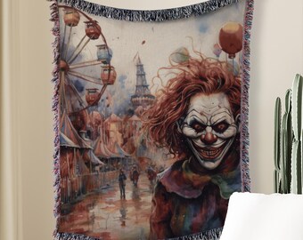 Creepy Clown Woven Throw Blanket: Scary Clown Halloween Decor, Vintage Creepy Clown Home Decor, Creepy Clown Aesthetic, Clowncore Decor