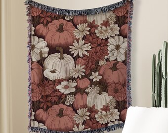 Retro Fall Woven Pumpkin Blanket, Cute Fall Vibes Home Decor, Floral Autumn Pumpkin Throw, Fall Book Nook Home Decor, Floral Fall Decor