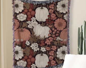 Retro Fall Woven Pumpkin Blanket, Cute Fall Vibes Home Decor, Floral Autumn Pumpkin Throw, Fall Book Nook Home Decor, Floral Fall Decor