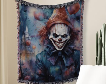 Creepy Clown Woven Throw Blanket: Scary Clown Halloween Decor, Vintage Creepy Clown Fall Autumn Home Decor, Creepy Clown Aesthetic