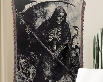 Skull Decor Woven Blanket: Horror Decor, Vintage Skull Blanket, Grim Reaper Tapestry, Occult Decor, Zombie Home Decor, Horror Lover Gift