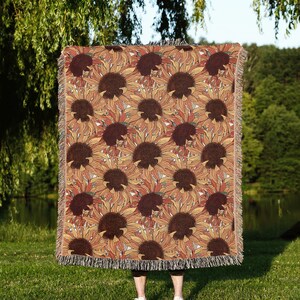 Boho Woven Sunflower Blanket, Floral Bedding, Botanical Woven Wall Tapestry, Floral Cotton Throw Blanket, Plants Sunflower Couch Throw