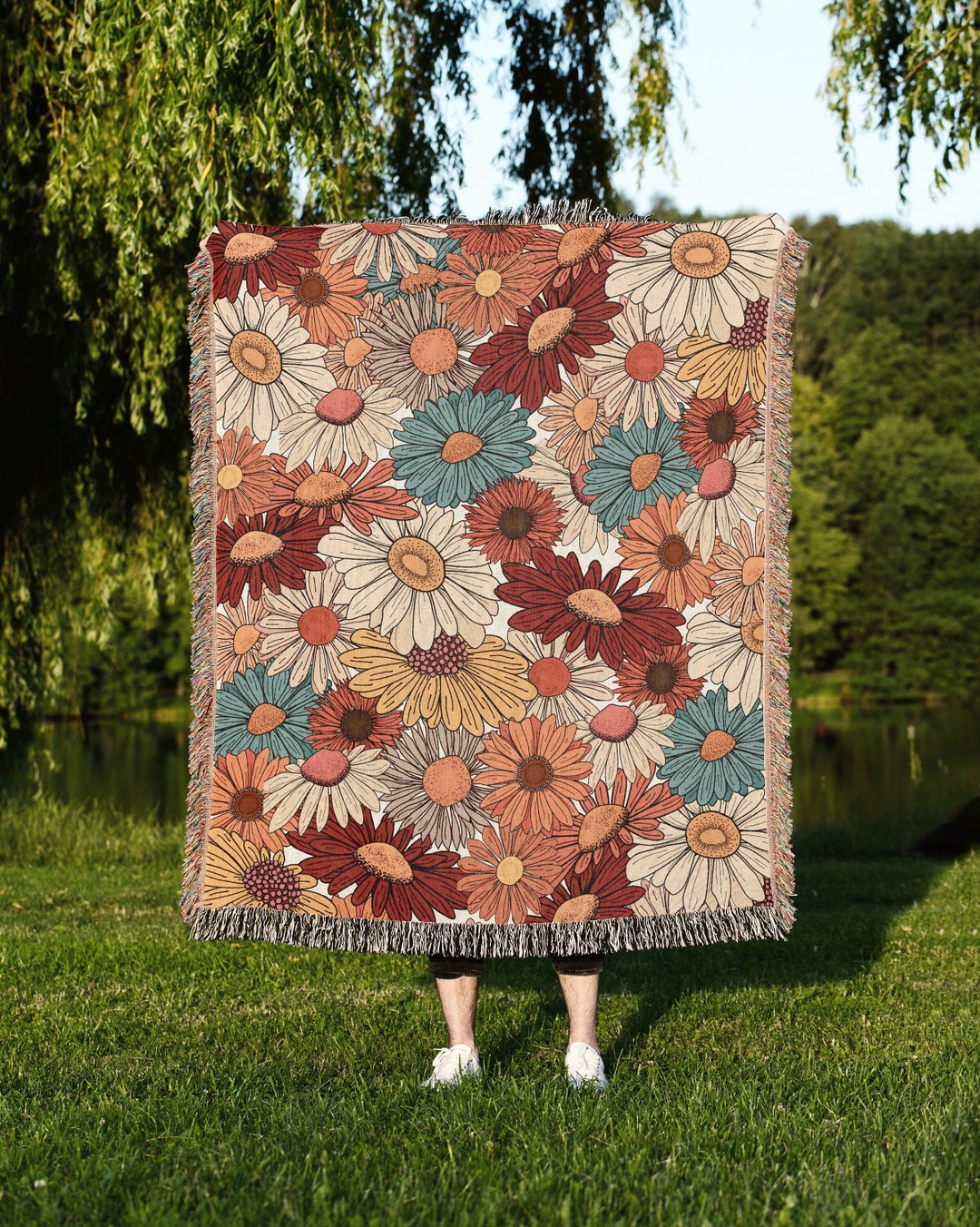 Boho Floral Woven Throw Blanket, Botanical Woven Throw, Retro Wall ...