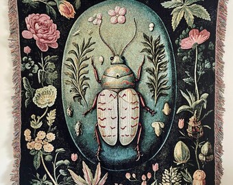 Beetle Woven Throw Blanket, Insect Pattern Blanket, Beetle Artwork For Living Room, Gift For Bug Lover, Insect Tapestry Blanket