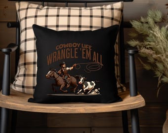 Western Rodeo Pillow, Cowboy Life Accent Pillow for Home Decor, Roping Cow Design, Cowboy Western Theme Pillow, Square Pillow for Country