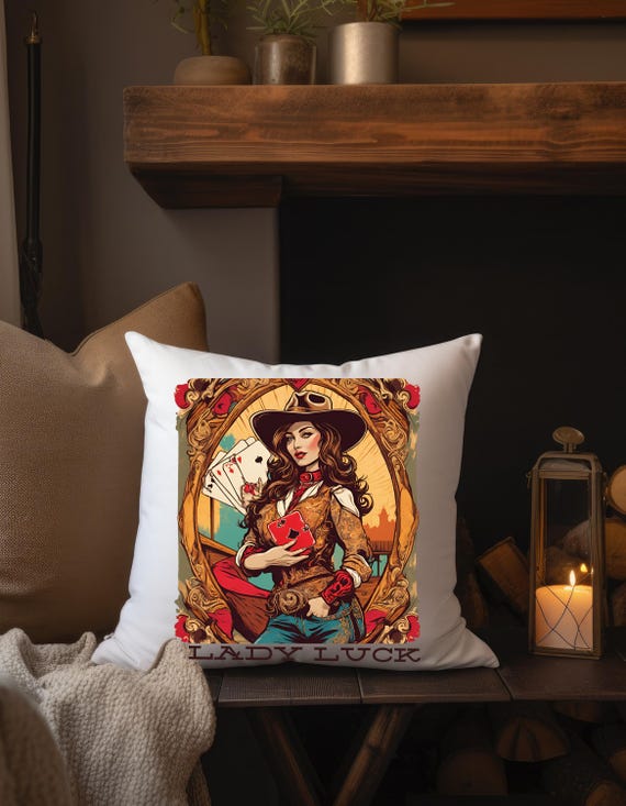 Western Cowgirl Spun Polyester Square Pillow, Queen of Hearts Design, Western Decor, Cowgirl Gift, Country Home Decor, Southwest Pillow