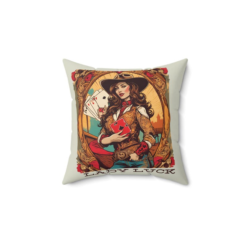 Western Cowgirl Spun Polyester Square Pillow, Queen of Hearts Design, Western Decor, Cowgirl Gift, Country Home Decor, Southwest Pillow image 2