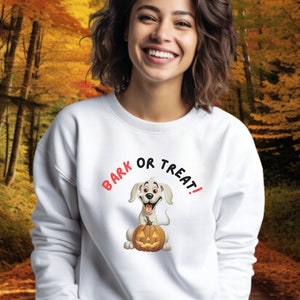Dog Sweatshirt, Halloween Jumper, a gift for mum or daughter, retro cartoon, Dog lover, Animal lover, Bark or Treat!