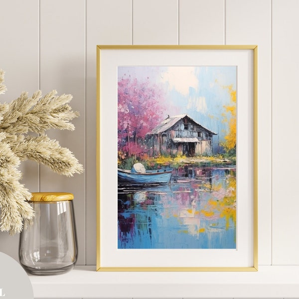 Serene Nature Art Print - River View with Wooden Cabin & Pink Blossoms, Spring Bloom, Sky Blue Pastel Pink Decor, AI Art, Soft Plush Colors