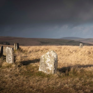 May include: A ring of standing stones in a field, with a cloudy sky overhead. The stones are tall and thin, and they are arranged in a circle. The field is covered in dry grass.